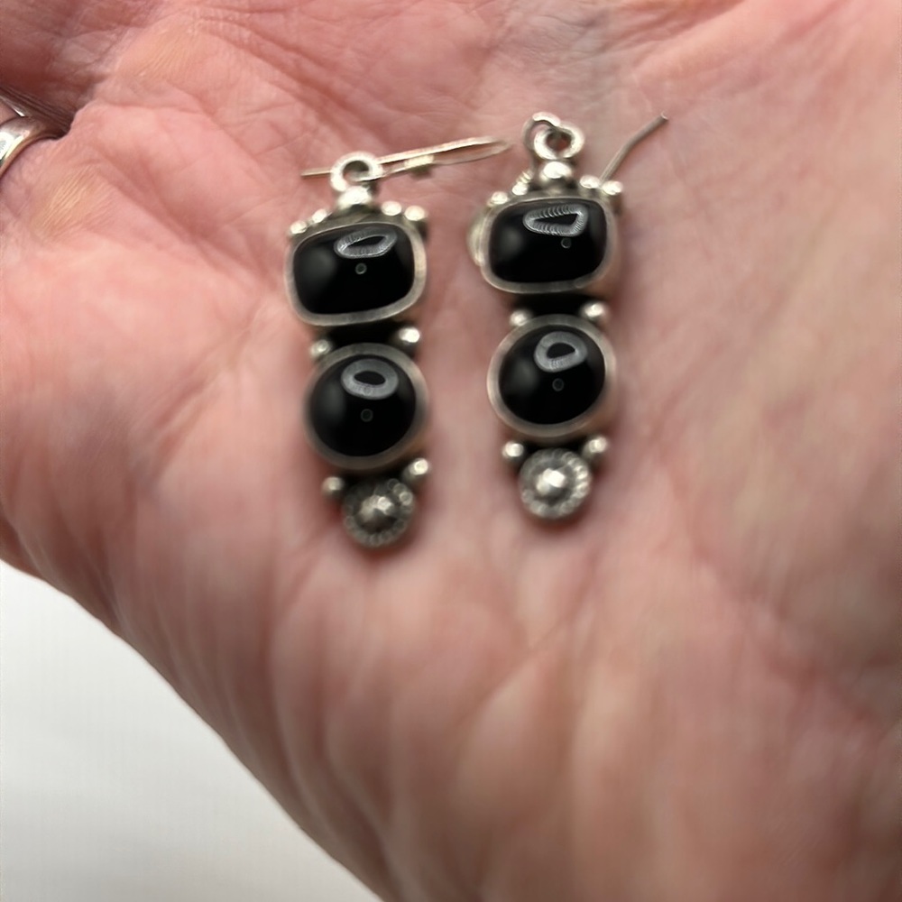 Sterling silver black onyx earrings ; BKF Navajo artist